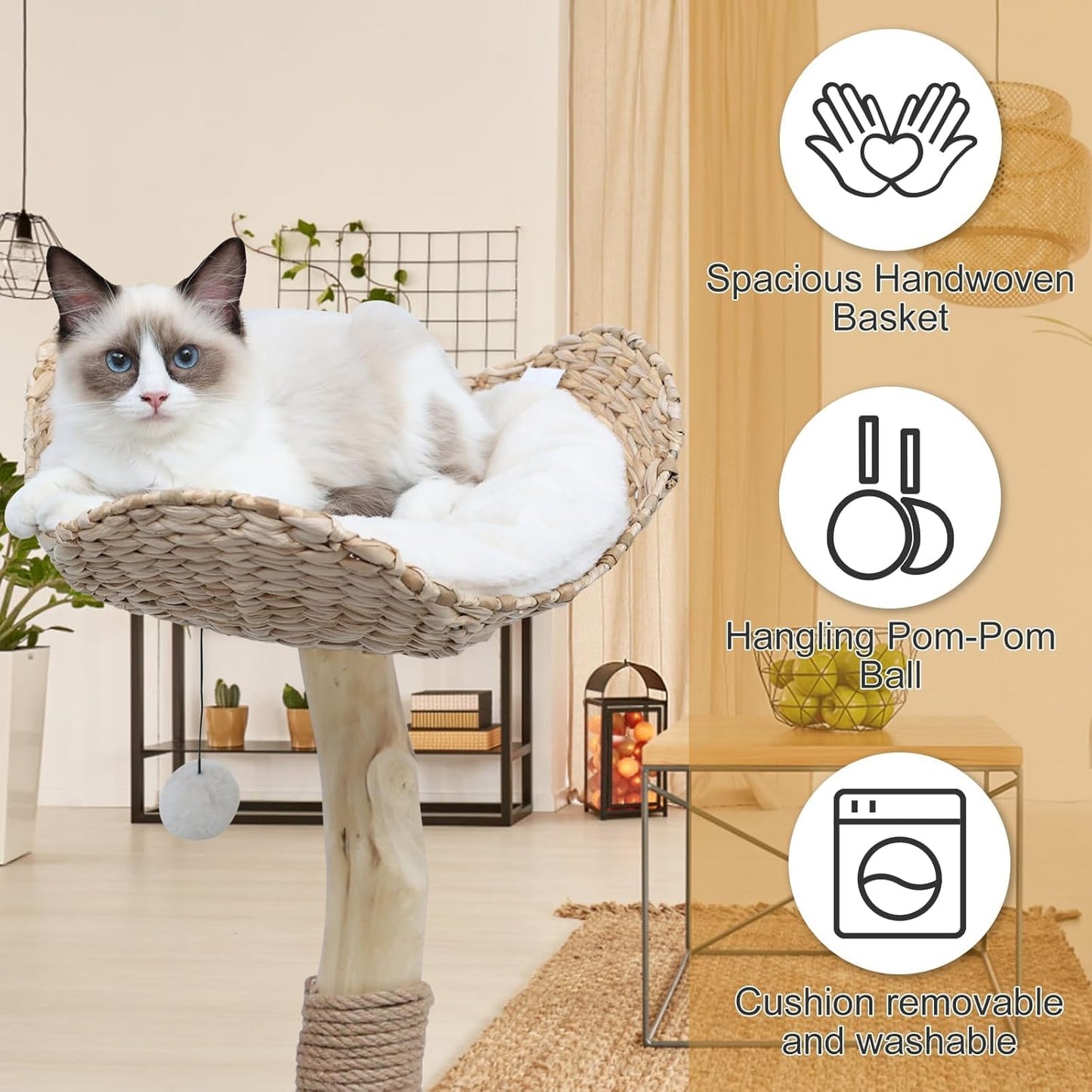 Modern Cat Tree Tower for Indoor Cats, Real Branch Luxury Cat Condo with Scratching Post, Jumping Platforms, Hanging Toy Ball for Multi-Cat Households