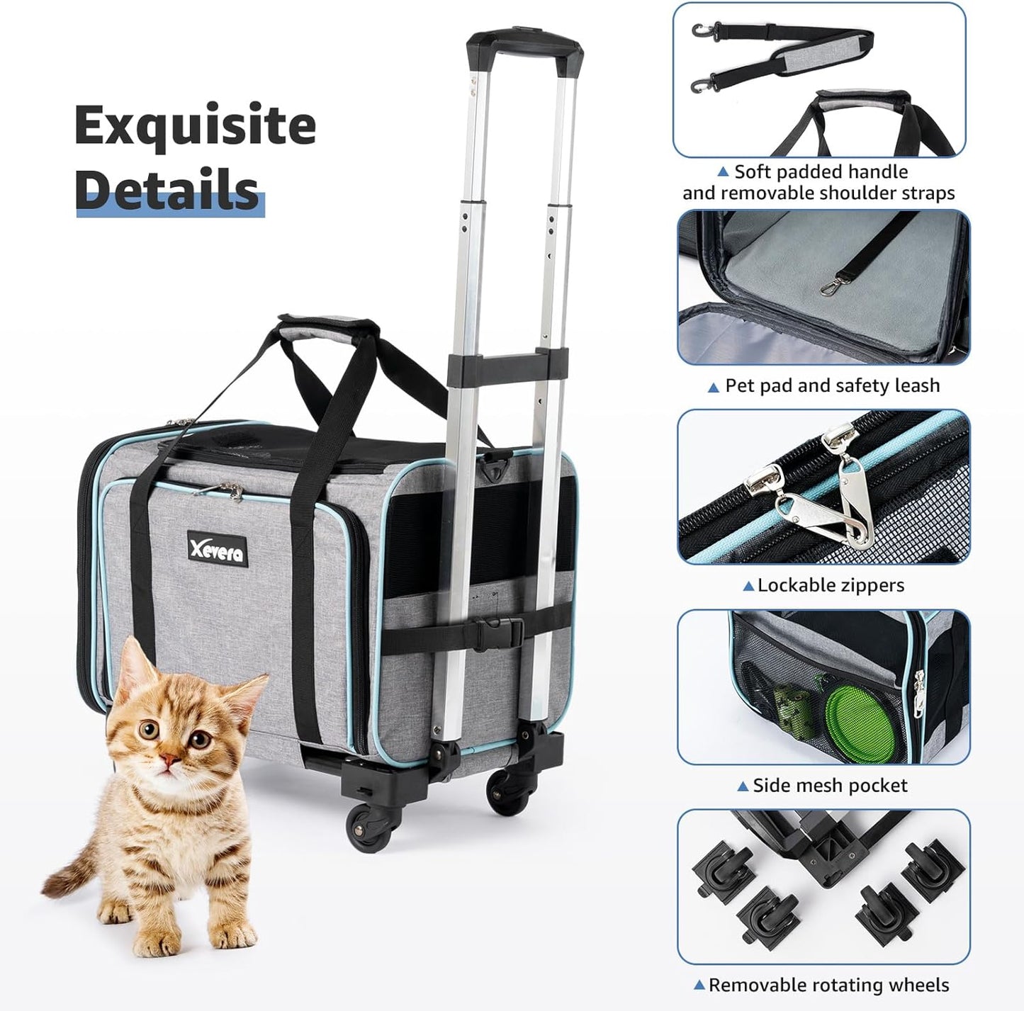 Cat Dog Carrier with Wheels, Expandable Rolling Soft-Sided Carrier for Small Cats and Dogs Under 25 LBS, Pet Carrier on Wheels with Locking Safety Zippers and Anti-Scratch Mesh (Grey)
