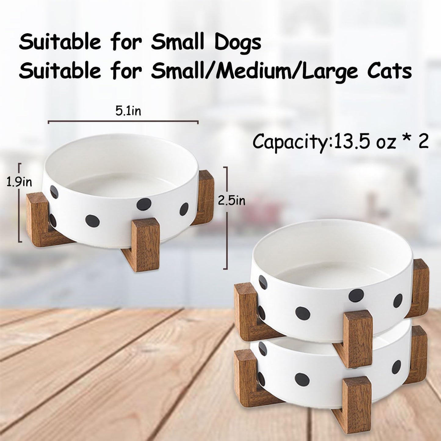 Petygooing Ceramic Dog Bowl Set with Stand, Small Pet Bowls, Anti-Slip Cat & Dog Food and Water Bowl Set (13.5OZ/5.1 in) Black Dot