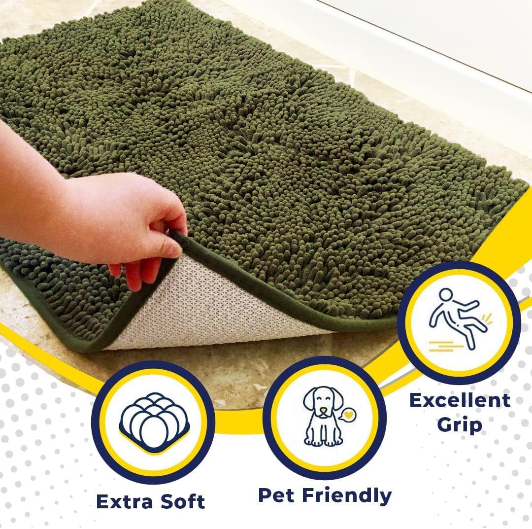 Muddy Mat® AS-SEEN-ON-TV Highly Absorbent Microfiber Door Mat and Pet Rug, Non Slip Thick Washable Area and Bath Mat Soft Chenille for Kitchen Bedroom Indoor and Outdoor - Army Green 24" x 72"