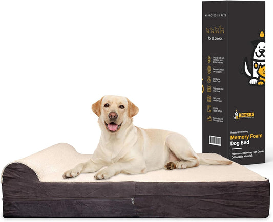 KOPEKS Jumbo Orthopedic Dog Bed - 7-inch Thick Memory Foam Pet Bed with Pillow with Removable Cover & Free Waterproof Liner - for Large Breed Dogs, XL, Brown-Plush Top