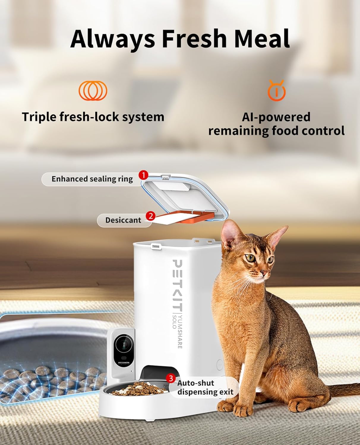 PETKIT Automatic Cat Feeder with Camera, 1080P HD Video with Night Vision, 2.4G WiFi Pet Feeder for Cat & Small Dog, 2-Way Audio & Meal Call Pet Food Dispenser with Desiccant Bag, Motion Capturing