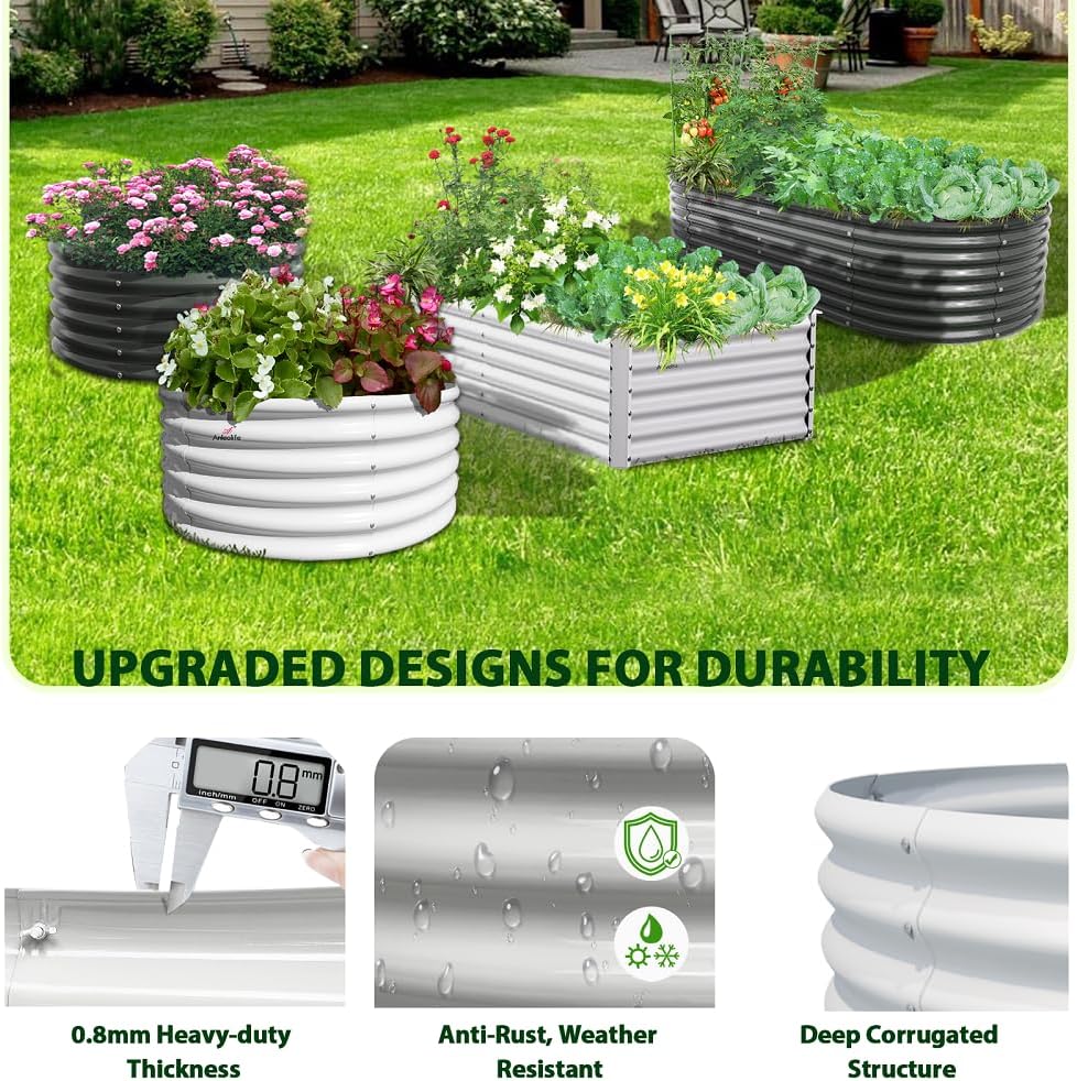 A ANLEOLIFE 8x4x2ft Galvanized Raised Garden Bed Kit, Oval Metal Deep Root Planters for Outdoor Plants Vegetables Flowers Herb, Large Bottomless, 478 Gallon Capacity- Antique White