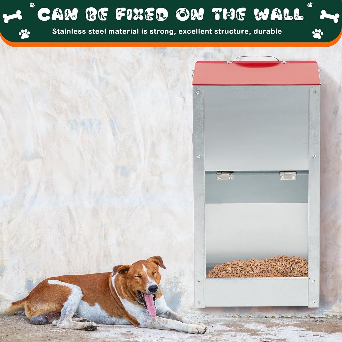 2 Pcs 50 Lbs Large Automatic Dog Feeders with Handle Acrylic Panel Galvanized Gravity Feeder Outdoor Hanging for Doggie Breed Dog Food Dispenser Container(Red)