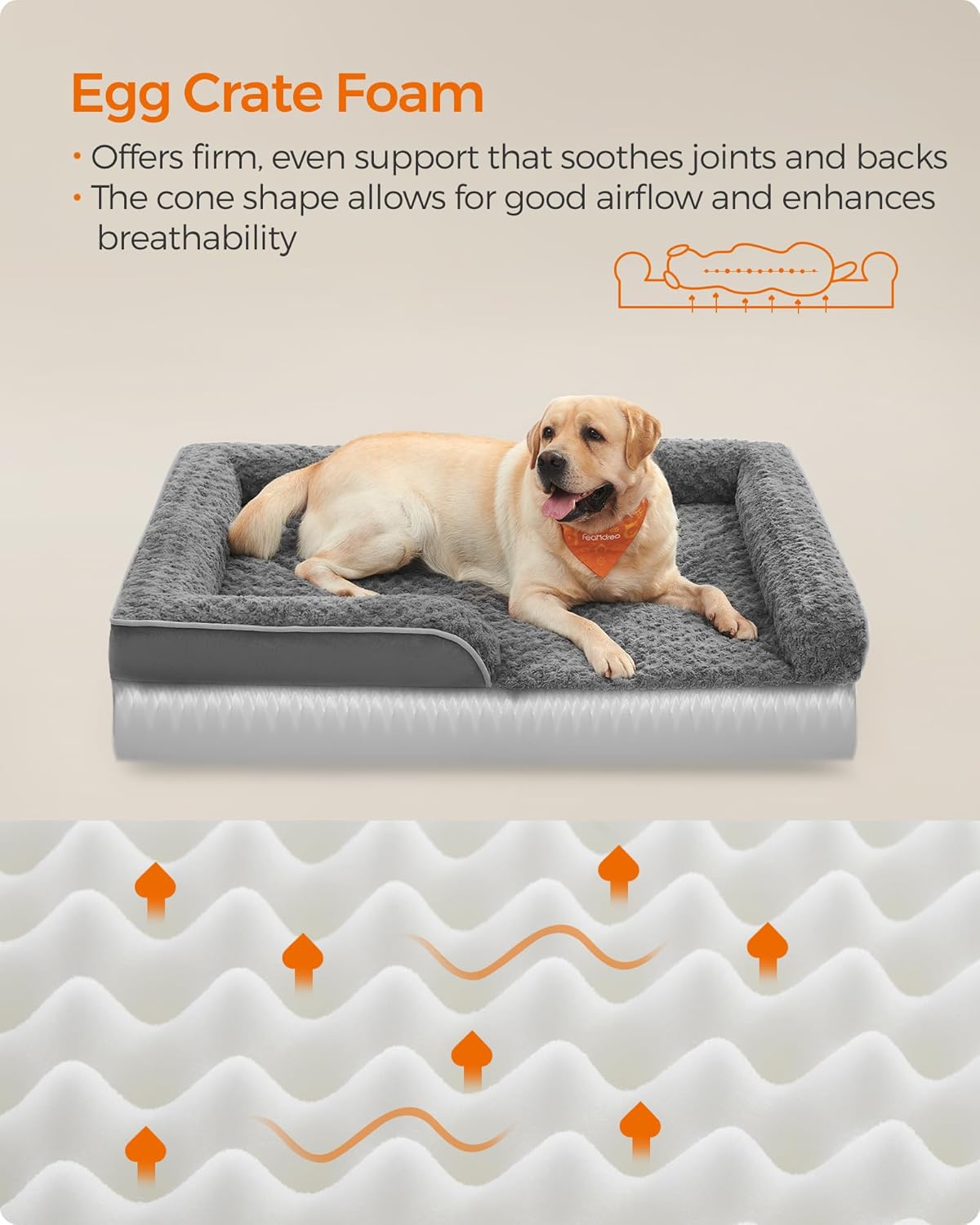 Feandrea Orthopaedic Dog Bed for Large Dogs, Waterproof Dog Sofa Bed with Removable Washable Cover, 36 x 27 x 6.5 Inches, Slate Gray UPGW252G02