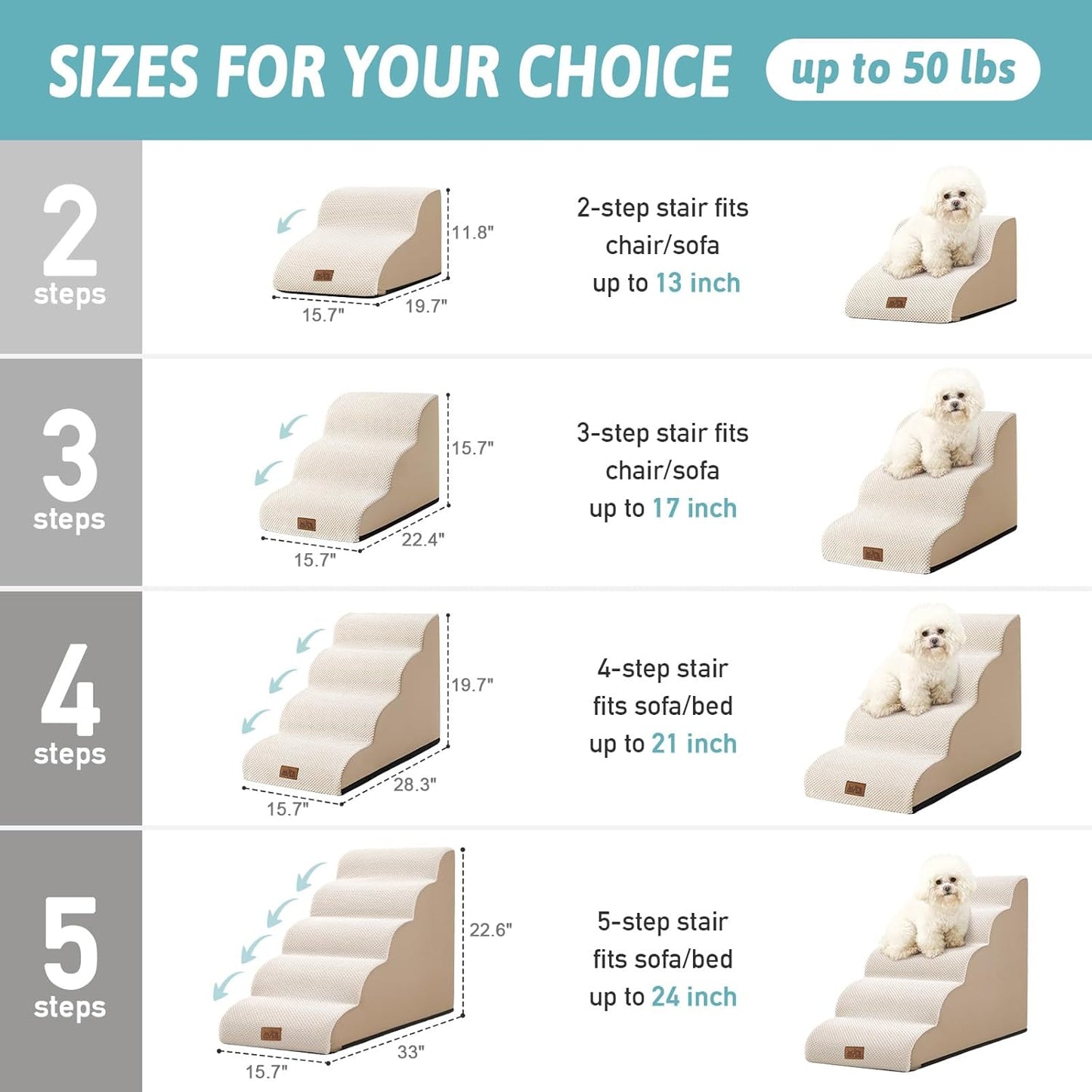 Dog Stairs for Small Dogs 15.7" H, Curved Dog Step for Puppy, Older Cat, Medium Pet Ramp for Sofa, Couch or Chair, Ladder with High Density Foam, 15.7x22.4x15.7 inch, 3 Step, Beige