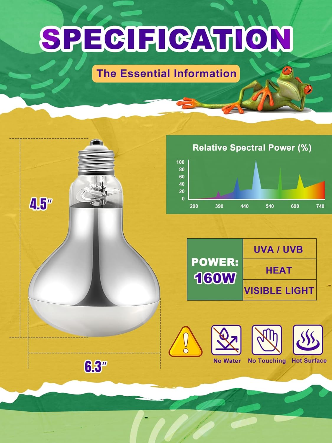 Heat Lamp Bulb, 160 Watt Pack of 2 Full Spectrum UVA UVB Reptile Heat Bulb, Basking Spot Light, Simulate Natural Sun Light for Reptile and Amphibian, Pack of 2