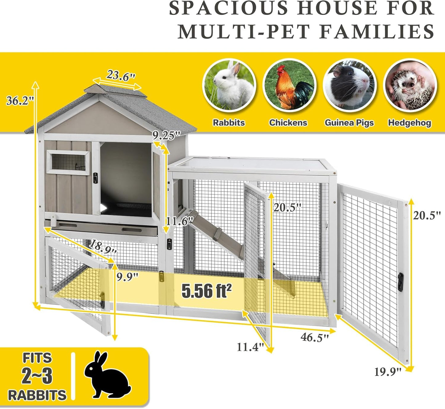 47''L Rabbit Hutch Outdoor Chicken Coop with Run, Wooden Indoor 2 Story Bunny House with Waterproof Roof, Pull Out Tray, Guinea Pig Rabbit Duck Cage for Small to Medium Animals and Pet Lover, Gray