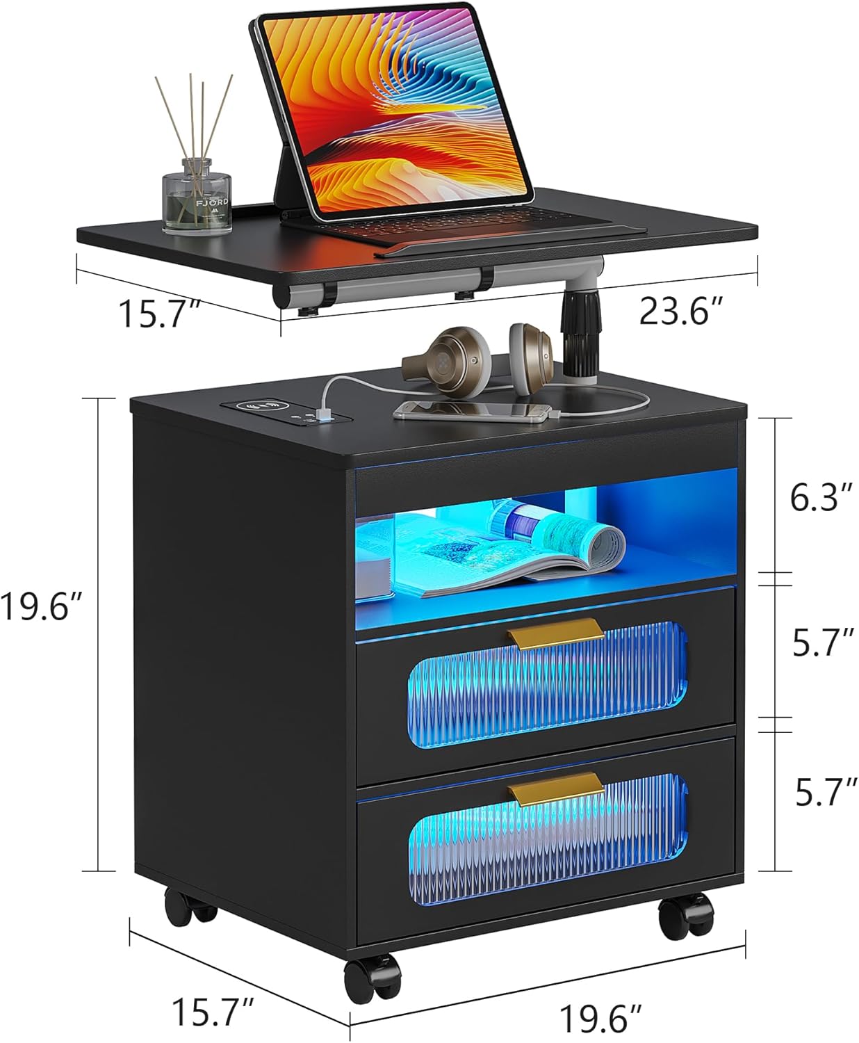 HNEBC Nightstand Set of 2, LED Nightstand with Wireless Charging Station/USB Ports,Smart Nightstand Has Adjustable Rotary Workstation with 2 Drawers,Modern Bedside Table for Bedroom Furniture(Black)