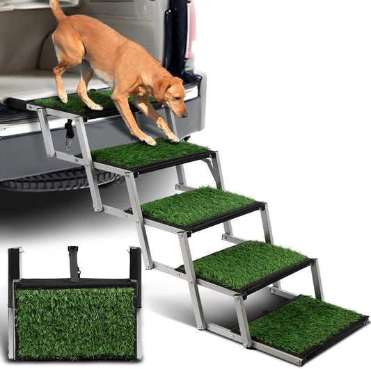 Extra Wide Dog Stairs for Car, Portable Folding Dog Steps for Large Dogs with Non-Slip Grass Rug for Cars, SUV, Trucks, Lightweight Pet Ramps Supports Up to 200 lb, 5 Steps