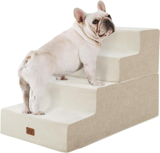 Dog Stairs for High Bed, Dog Steps for Bed Couch Sofa, 35D Foam Extra Wide Pet Steps for Small Dogs and Cats, Pet Stairs with Non-Slip Bottom Beige, 4 Steps