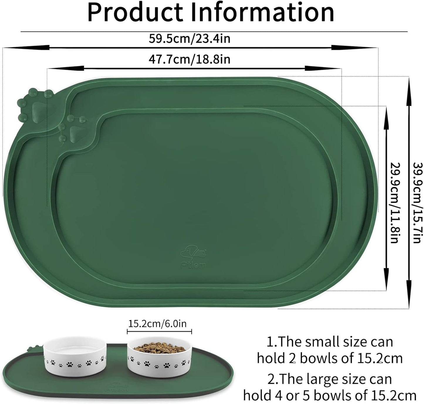KPWACD Pet Placemat for Dog and Cat, Waterproof Silicone Dogs Feeding Bowl Mat Prevent Food and Water Overflow, High-Lips Puppy Dish Mats Suitable for Small Medium Big Pets, Hunter Green, 24" * 16"