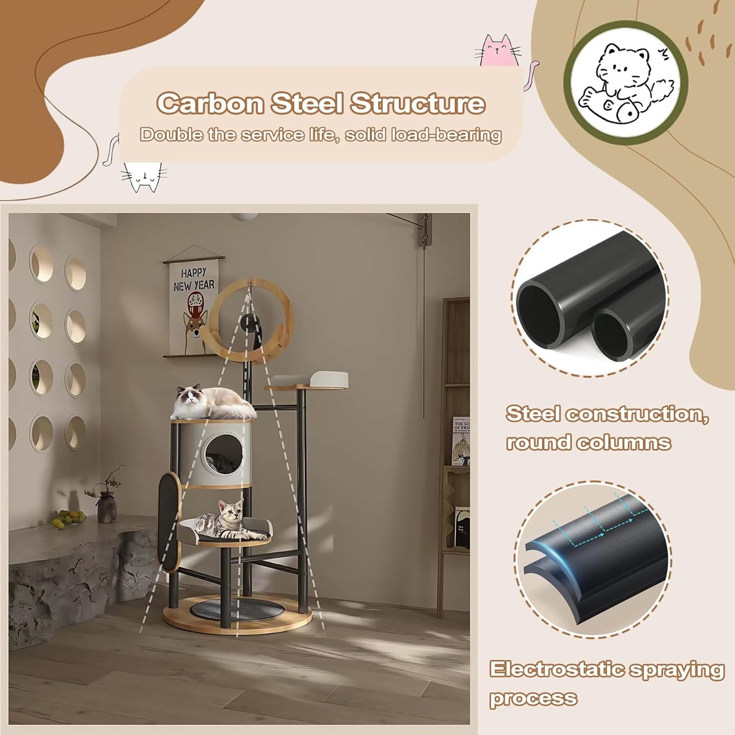 Cat Tree, 66In Cat Tower with Scratching Post, Tall Multi-Level Cat Houses for Indoor Cats Large Adult, Cute Cat Post Cat Condos with Dangling Ball,Plush Platform, Hammock, Big Cats Climbing Tower