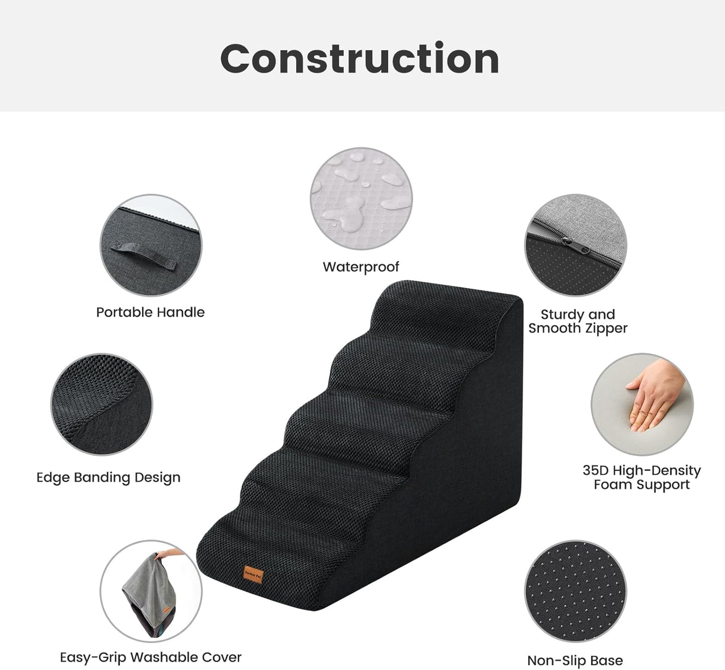 Gardner Pet Dog Stairs for Small Dogs 22.8" H, 5-Step Black Curved Pet Stairs, Dog Steps for High Bed, Couch (24-30 in) with Durable Non-Slip Waterproof Fabric Cover and CertiPUR-US Certified Foam