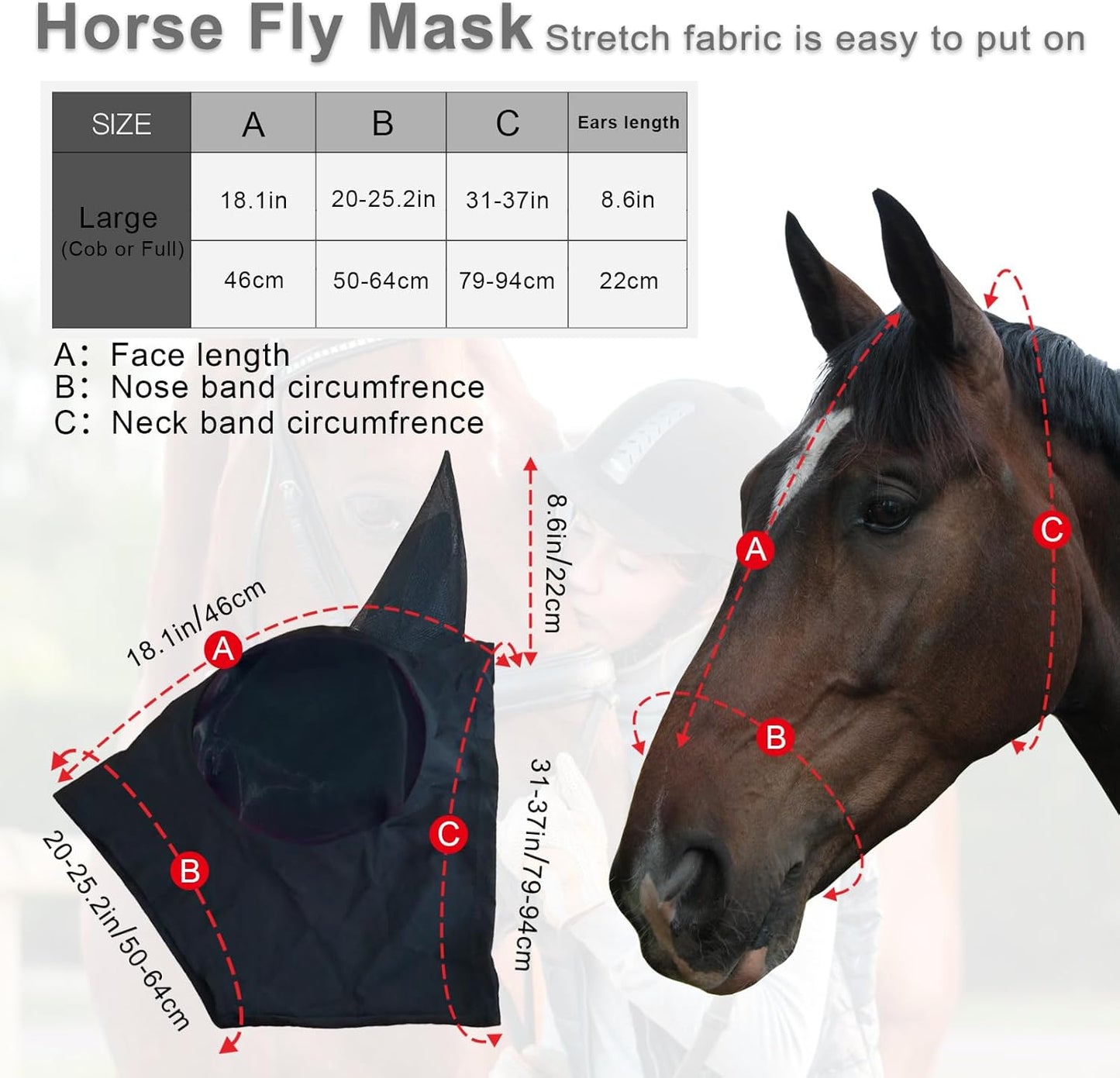 Horse Fly Mask with Ears, Comfortable Fit Stretch Fabric with UV Protection Soft on Skin Breathability for Small/Medium Size Horses (Black)