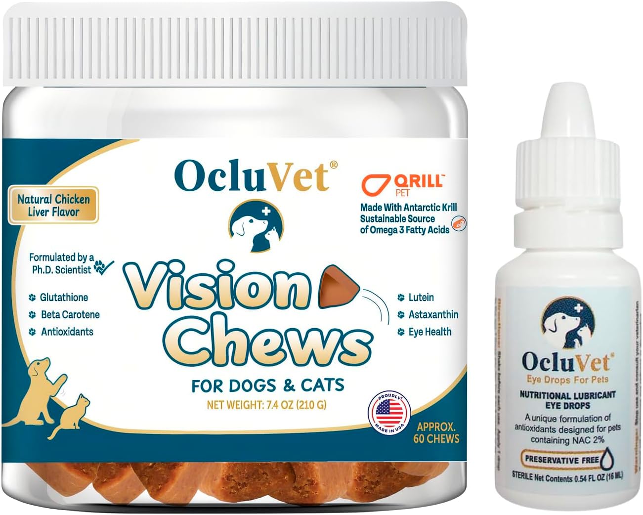 Bundle Eye Supplements for Dogs & Cats | Vision Chews with Omega-3 for All Ages | Includes 60 Chicken Liver Flavored Chews & Pet Eye Drops, 16 mL | Antioxidants & 2% NAC for Cataracts