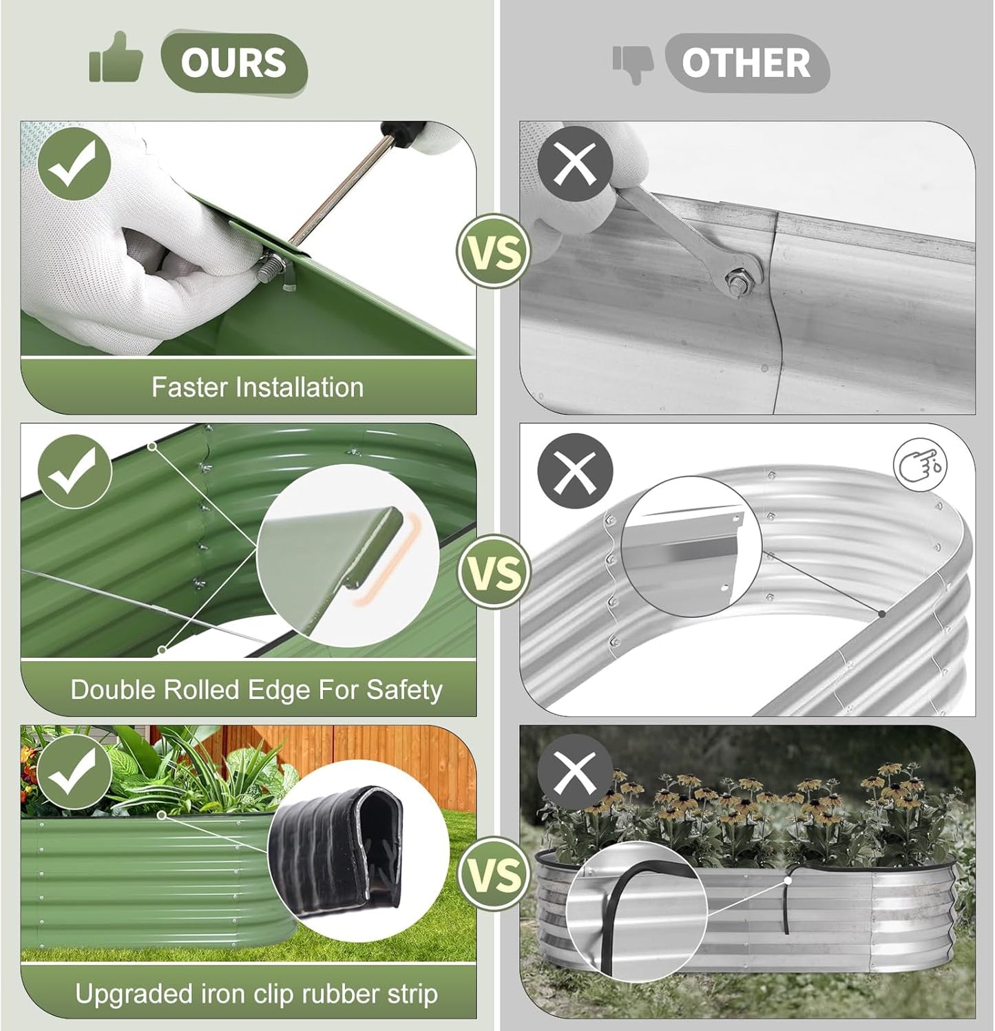 Galvanized Raised Garden Bed Outdoor- Raised Beds for Gardening| Metal Planter Box, Steel Raised Garden Bed Kit with Safety Edging and Gloves for Vegetables, Flower, Herbs (6x2x1.4FT, Green)