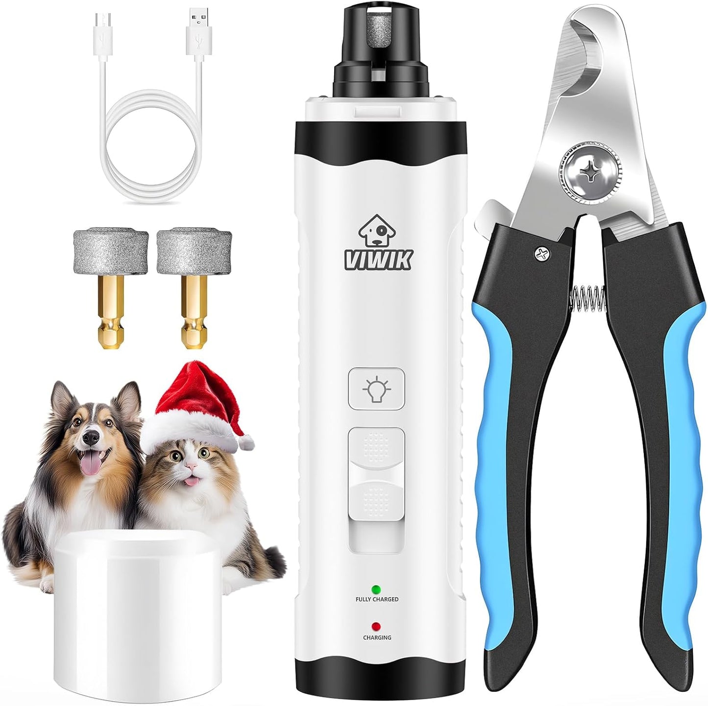 VIWIK Dog Nail Grinder with 2 LED Light, Dog Nail Trimmers, Quiet Dog Nail Clippers Kit for Large Medium Small Dog's Paw & Cat's Claw, Electric 2-Speed Pet Toenai Grinder, Gifts for Dog Lovers