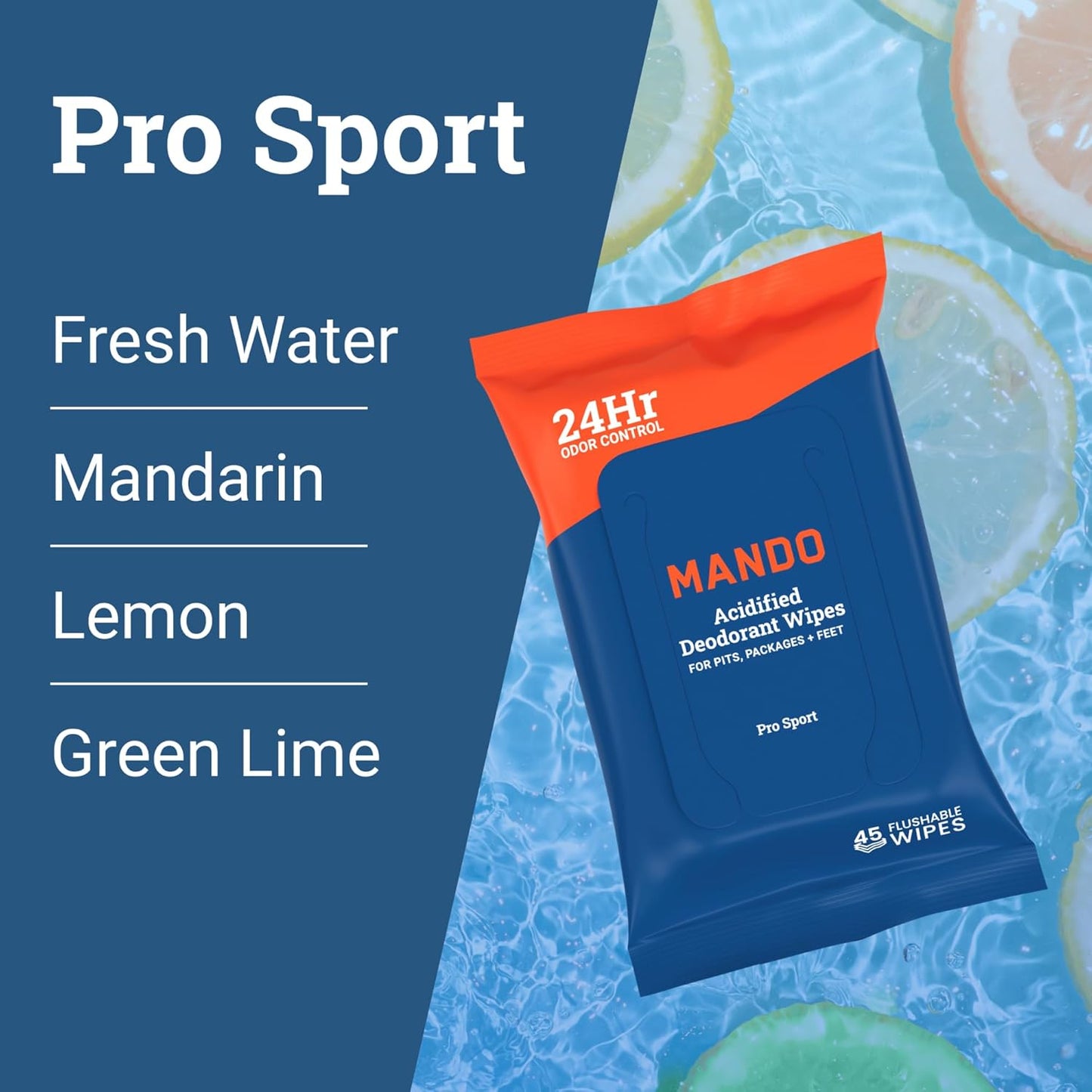 Mando Deodorant Wipes - 24 Hour Odor Control - Aluminum Free, Baking Soda Free, Skin Safe - 45 Count (2 Pack)