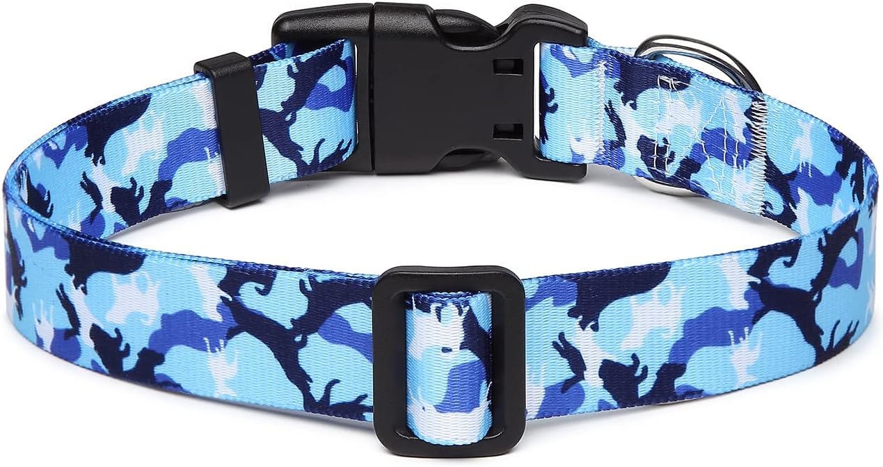 Mercano Adjustable Dog Collar - Special Design Patterns, Soft Nylon Comfortable Durable Pet Collar for Small Medium Large Dogs (S, Dog Camouflage Blue)