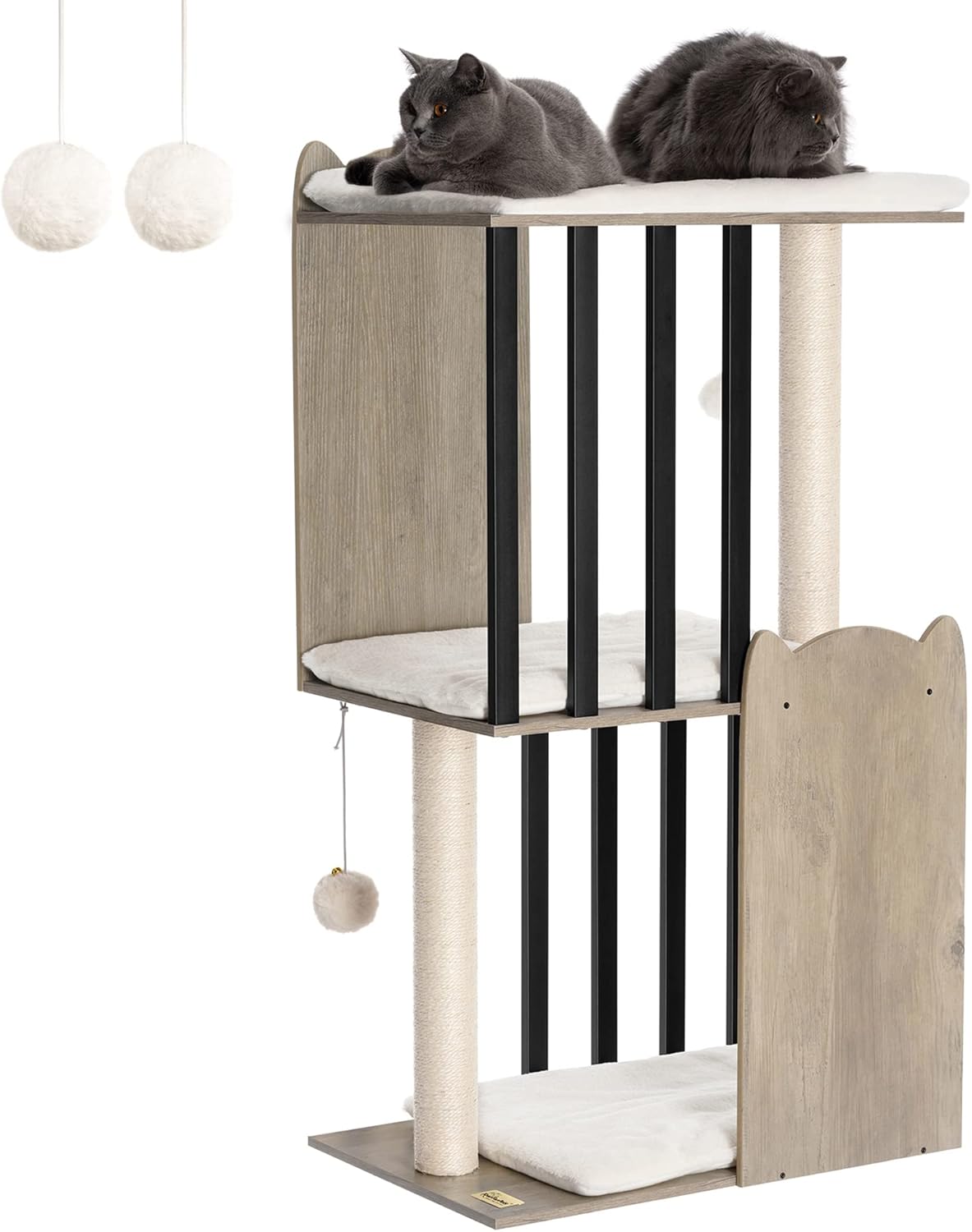 FourFurPets 43.8in 3-Tier Modern Cat Tree Tower Condo, Cat Scratch Posts for Indoor Cats, Big Plate, Two 19.7in Full Sisal Scratching Posts, Greige