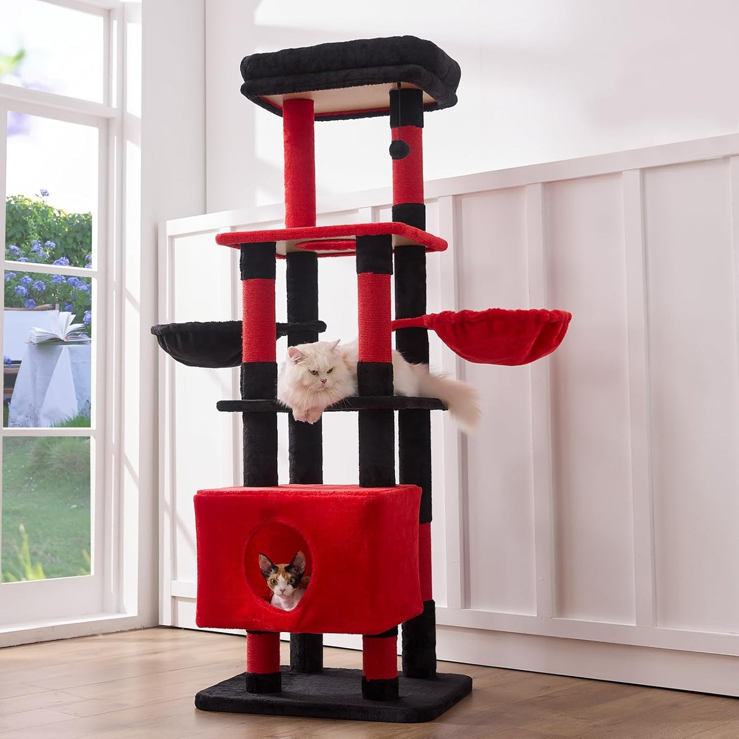 Gardner Pet 65in Heavy Duty Cat Tree Tower for Large Cats, Multi-Level Cat Furniture with Replaceable Sisal Scratching Post, Hammock | Extra-Large Platform & Condo (Black Red, Basic φ:2.84")