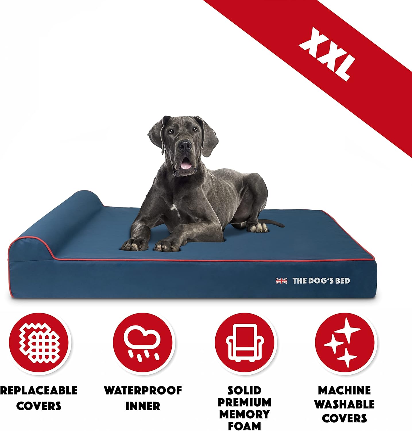 The Dog’s Bed Orthopedic Headrest Dog Bed XXL Blue Oxford with Red Trim UK Flag Dog Bed54x36, Memory Foam, Hip & Elbow Dysplasia, Post Surgery, Veterinary Approved, Waterproof Washable Cover