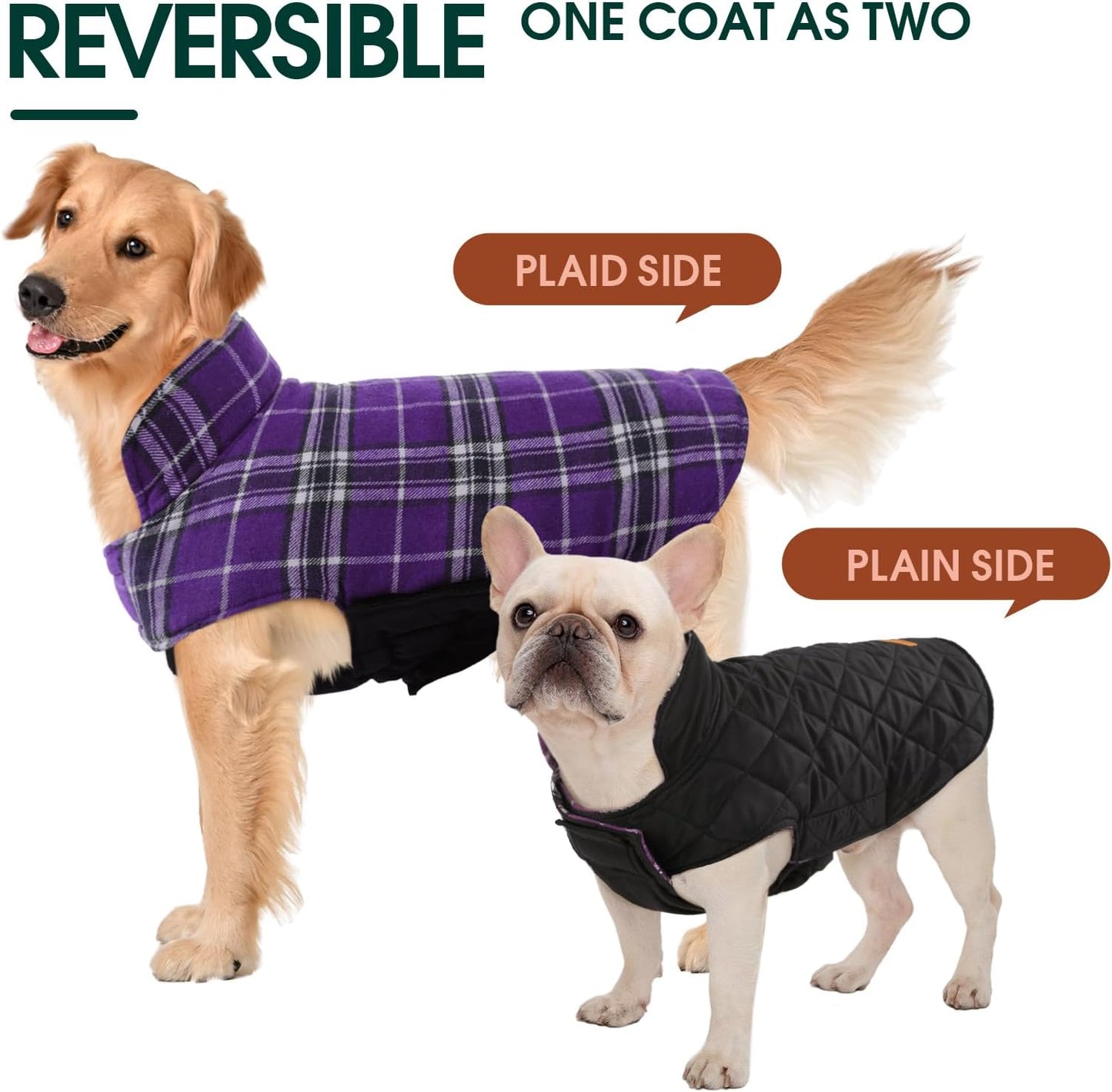 Kuoser Waterproof Dog Coat, Reversible Dog Jacket for Medium Dogs, Adjustable Durable Doggie Winter Coat Warm Puppy Cold Weather Apparel from Small to Large Breed, Purple M