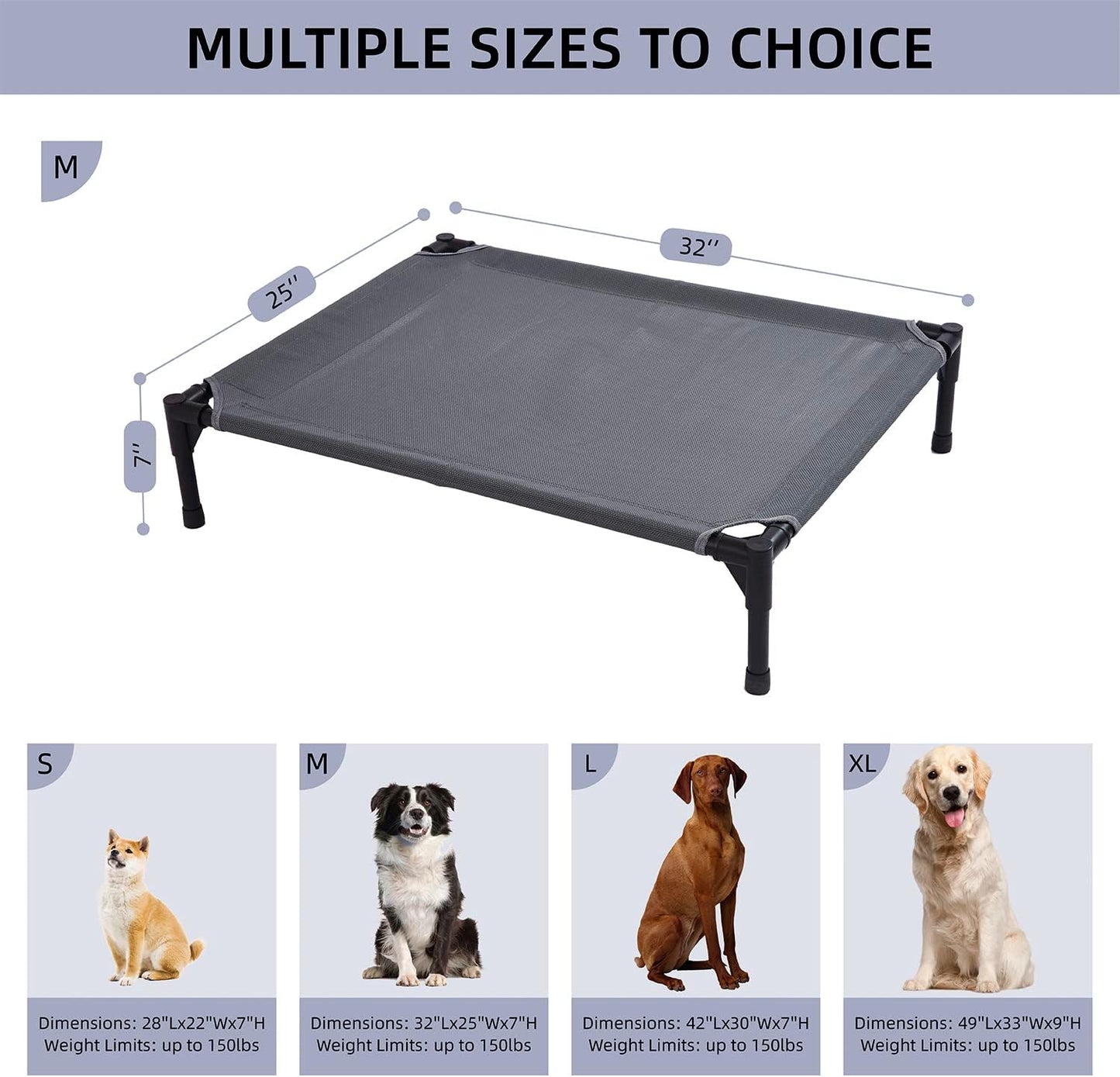 pettycare Elevated Outdoor Dog Bed - Dog Cots for Medium Pet, Heavy Duty Raised Cot Waterproof, Cooling Pets Bed with Washable Durable Teslin Mesh and Non Slip Feet, 32 Inches, Grey