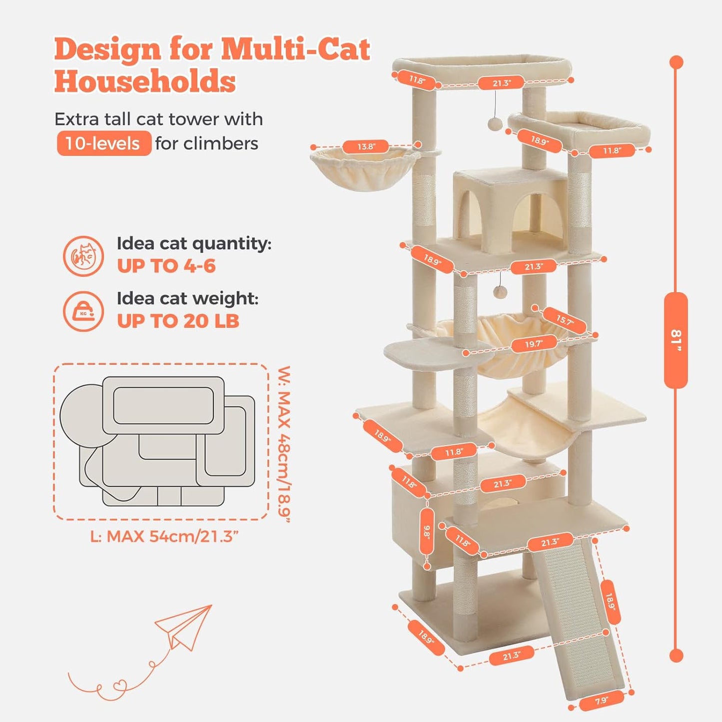 Large Cat Tree for Big Cats & Multi-Cat Homes, 81 Inch Tall Cat Tower with Sturdy Metal Hammock, 6 Sisal Scratching Posts, 2 Cozy Condos, 2 Top Perches - Multi-Level Cat Tower, Beige