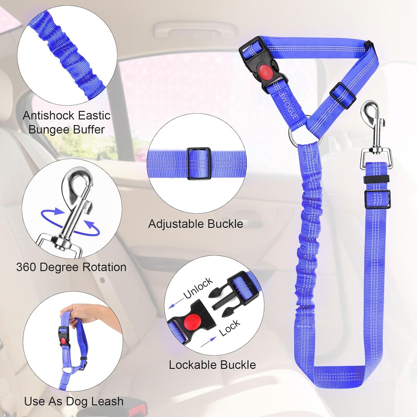 BWOGUE Pet Dog Cat Seat Belts, Car Headrest Restraint Adjustable Safety Leads Vehicle Seatbelt Harness (1 Pack)