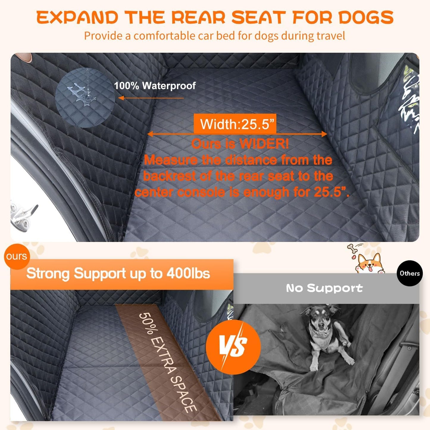 Paw Jamboree Dog Car Seat Cover for Back Seat Extender Pet Cover for Dogs Hammock for Hard Bottom Car Backseat Cover for Dogs in Car