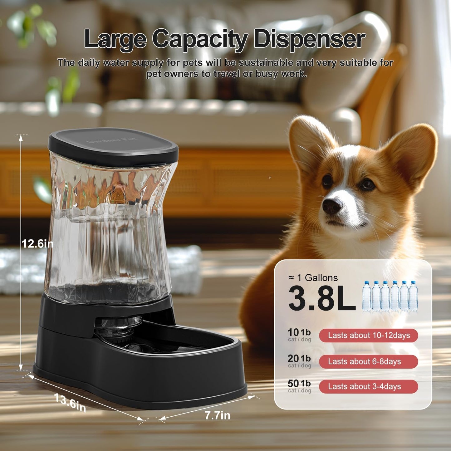 Gardner Pet Automatic Dog Water Dispenser Gravity Stainless Steel Water Waterer Feeder, 100% BPA-Free Large Capacity Water Feeding Bowls for Medium & Large-Sized Dogs Cats Other Pets -(1 Gallon)