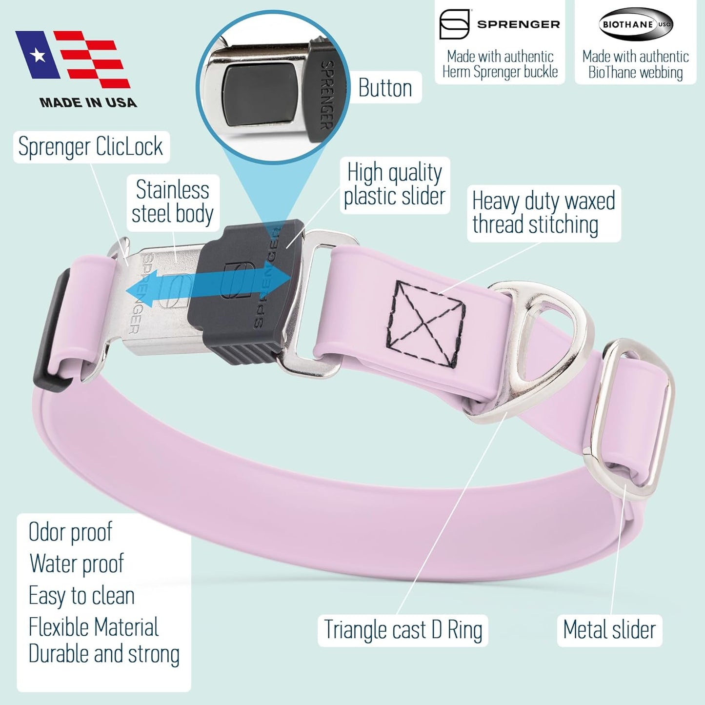 Dogline Biothane Waterproof Dog Collar with Herm Sprenger Stainless Steel Quick Release Buckle – Heavy Duty Tactical Durable Collar for Dogs – Comfortable and Safe Pet Collar, W 1" L 15-25", Pastel