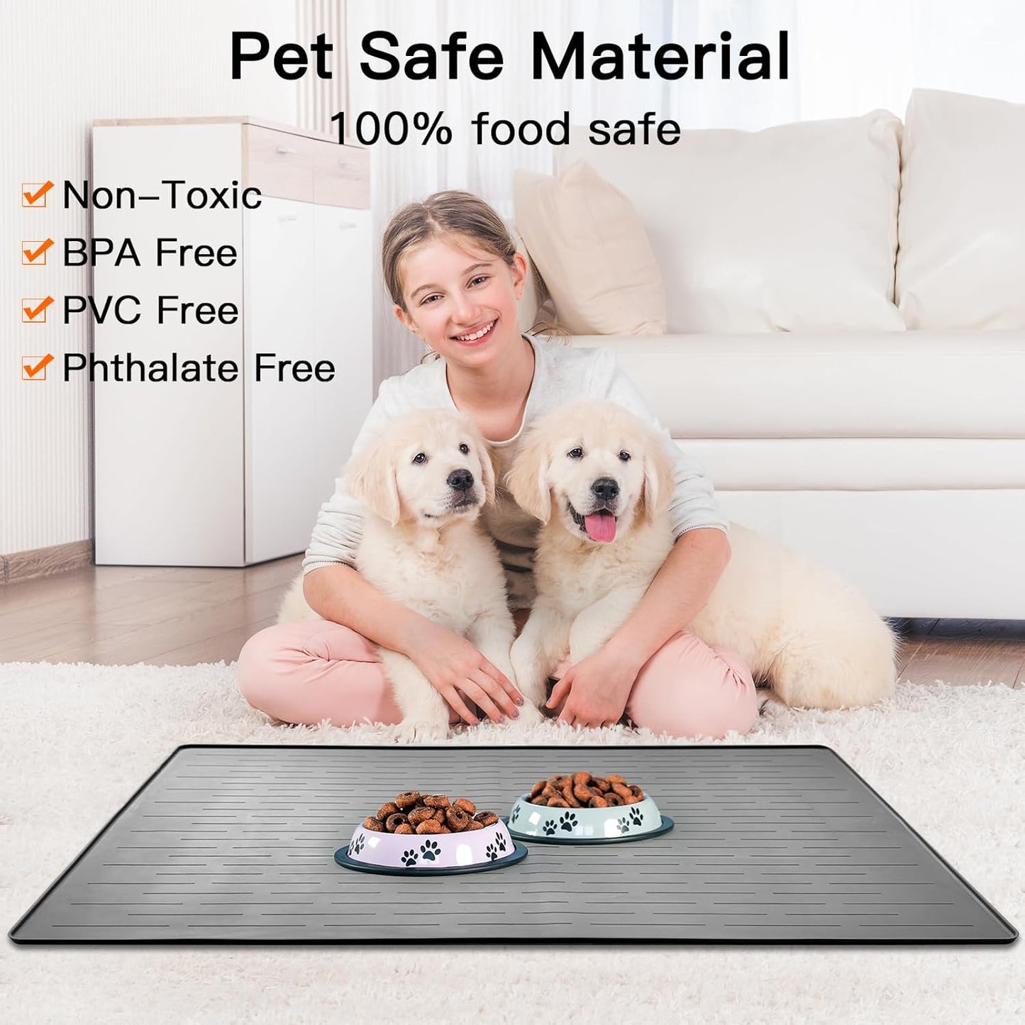 32" x 24" Large Pet Food Mat, Silicone Dog Mats for Food and Water, Nonslip Pet Feeding Mats for Floors,Dog Cat Bowl Mat with Raised Edges, Dark Green