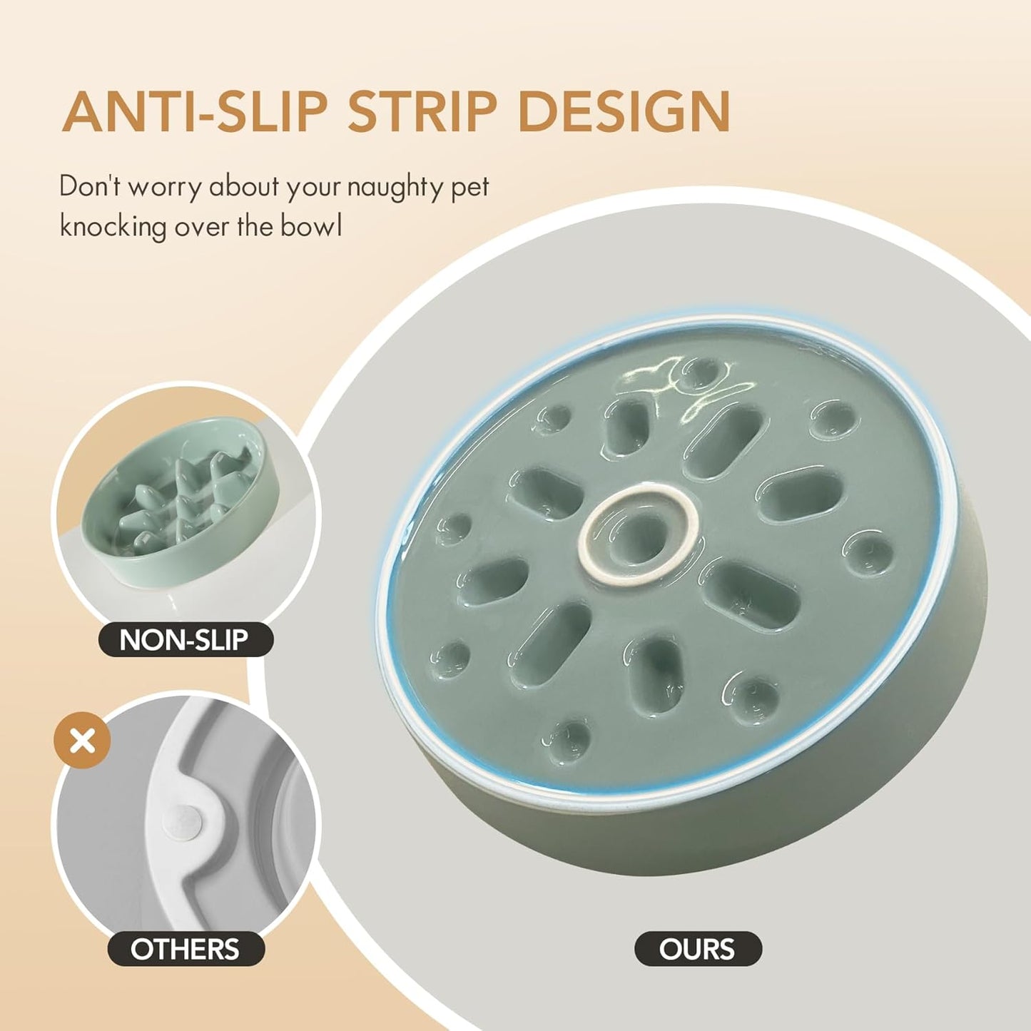 Ceramic 7.3 inch Dog Bowl Slow Feeder, Slow Pet Food Dish for Medium and Small Dog, Stop Bloat, Preventing Choking(Single Bowl, Light Green)