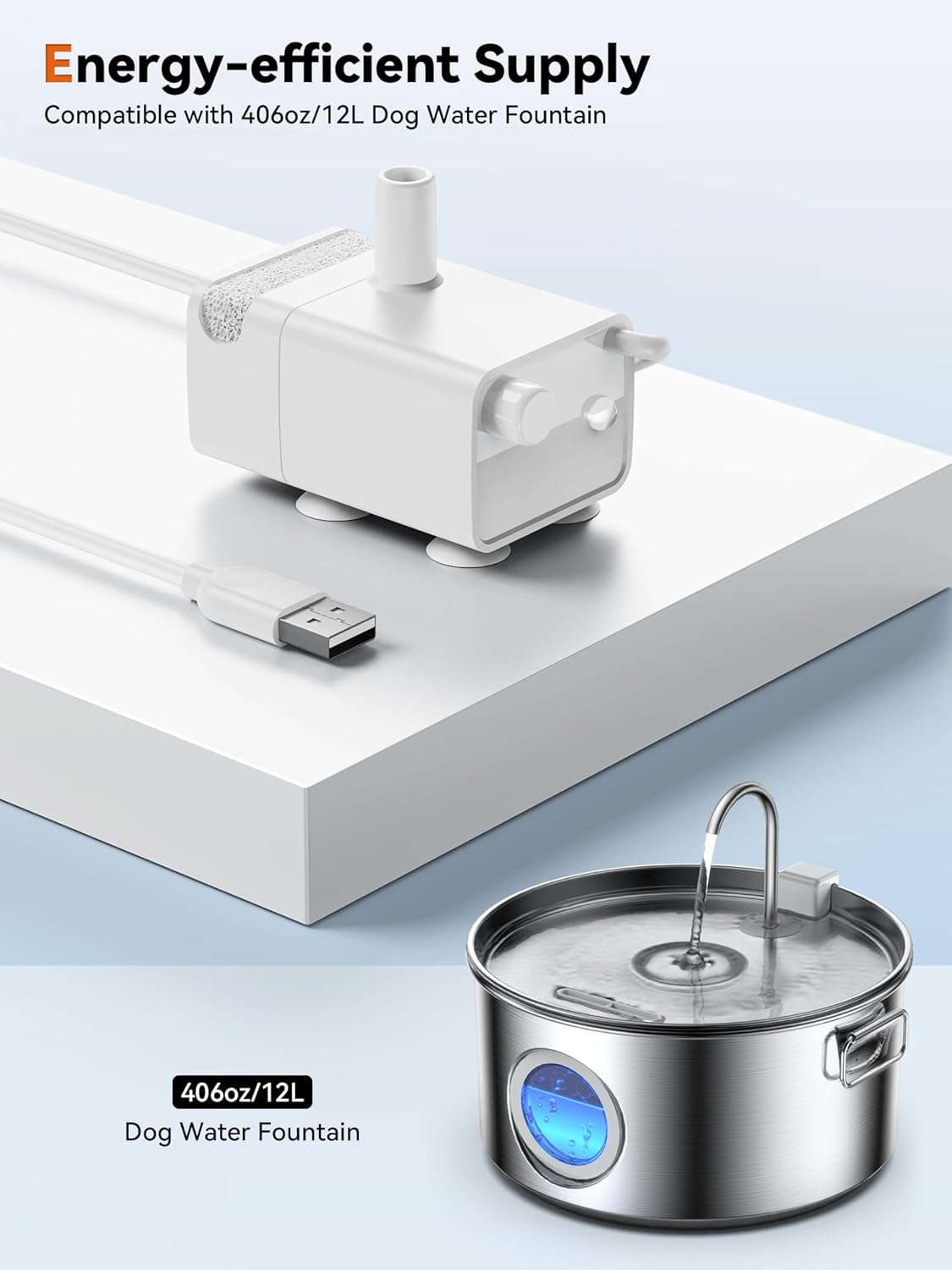 Dog Water Fountain for Large Dogs, 3.2Gal/406oz/12L Stainless Steel Pet Water Fountain, Quiet Dog Water Bowl Dispenser with Visible Window for Multi-pet Home (Pump for 3.2Gal Dog Fountain)