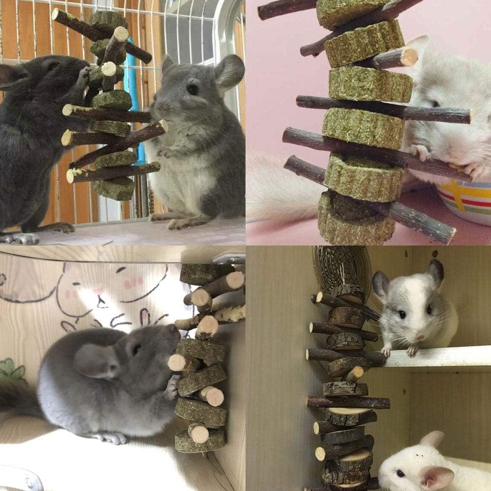 Bunny Chew Toys for Teeth, Organic Apple Wood Molar Sticks with Timothy Hay Circles for Bunny Chinchilla Guinea Pig Hamsters Holland Lop Prairie Dogs Squirrels Gerbils, Improves Dental Health