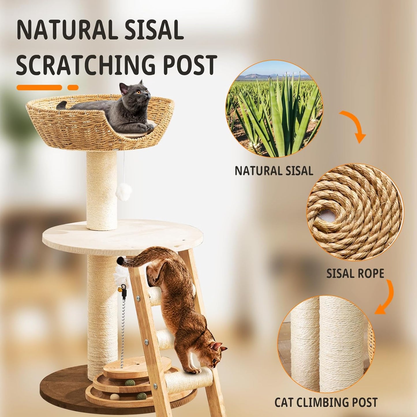 Natural Wood Modern Cat Tree with Top Cats Bed, Unique Cute Cats Furniture Activity Centre with Sisal Rope Scratching Posts, Cats Tower Condo with Interactive Cat Toy Tree