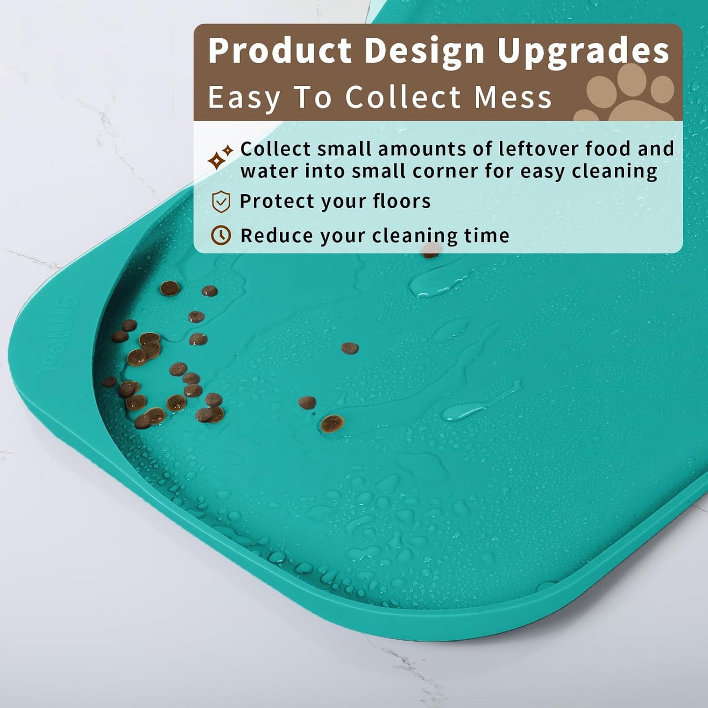Silicone Pet Feeding Mat with Raised Edge & Residue Collection Pocket for Food and Water, Dog Bowl Mats, Cat Bowls Placemat with High Lip for Floor Waterproof, 19 x 12 x 0.7 Dark Turquoise