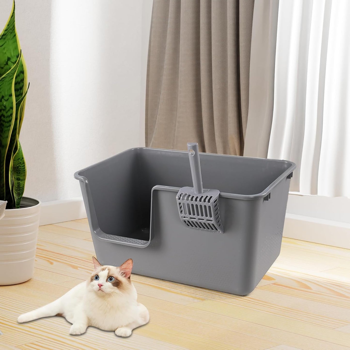 4 Packs Large Cat Litter Box with High Sides, Grey Open Top Cat Litter Basin