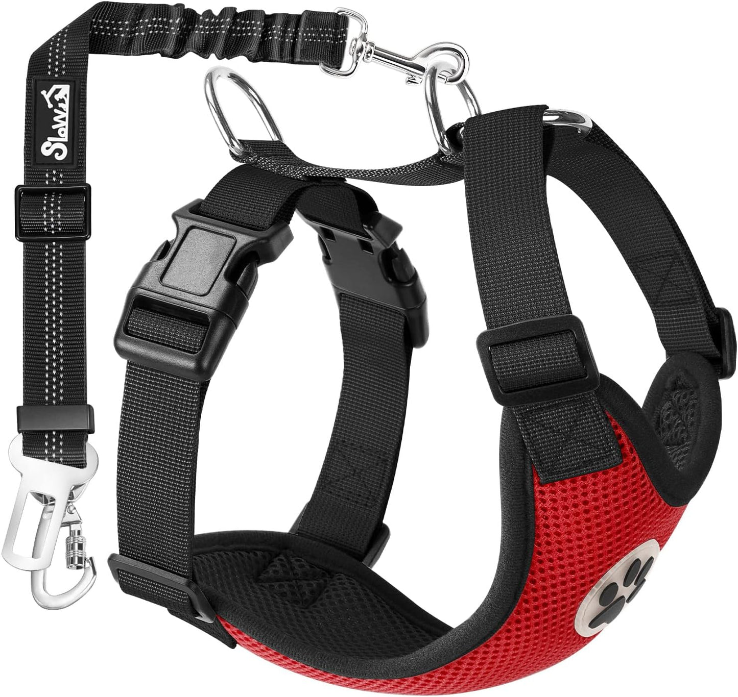SlowTon Dog Seat Belt Harness for Car, Dog Car Harness Adjustable Mesh Breathable & Dog Seatbelt Safety Tether with Elastic Bungee for Small Medium Large Pets(Red, Double Clip, XXXS)