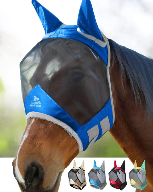Harrison Howard Pro Luminous Horse Fly Mask Large Eye Space Standard with Ears UV Protection for Horse Signature Blue Small Pony
