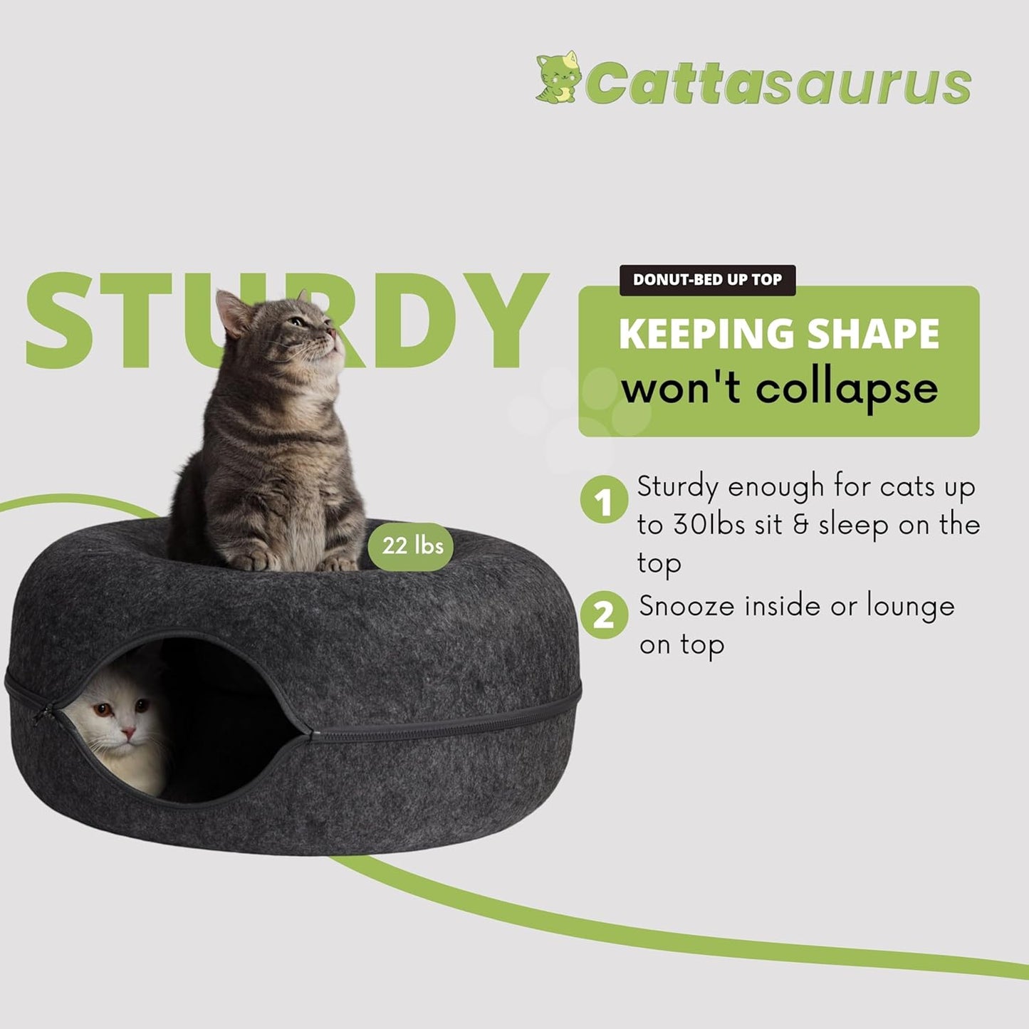CATTASAURUS Peekaboo Cat Cave for Multiple & Large Cats Up to 30-45 Lbs, Scratch Detachable & Washable Tunnel Bed, Comfy Donut Cat Cave (Light Gray + Dark Gray, Large)