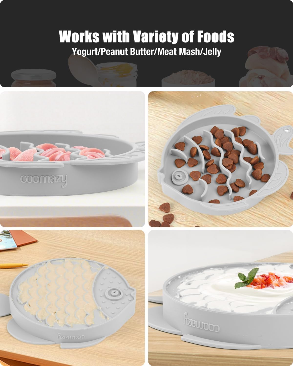 Coomazy 2-in-1 Silicone Slow Feeder Dog Cat Bowls, Interactive Puzzle Toy for Pets Dry/Wet Food Training, Keeps Dogs Cats Busy, Prevents Puppy Kitty Overeating (Smoky Gray, 1.2 Cup)