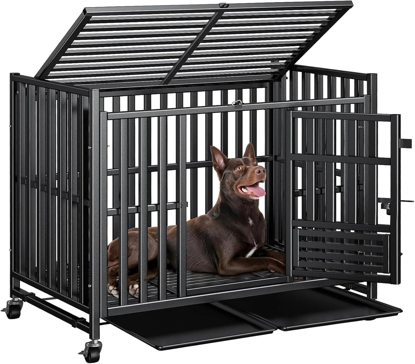 42 inch Heavy Duty Dog Crate, Upgraded Thickened Steel Frame Indestructible Kennel for Large & High Anxiety Dogs, Escape Proof Design with 3 Doors, 4 Lockable Wheels and 2 Removable Trays