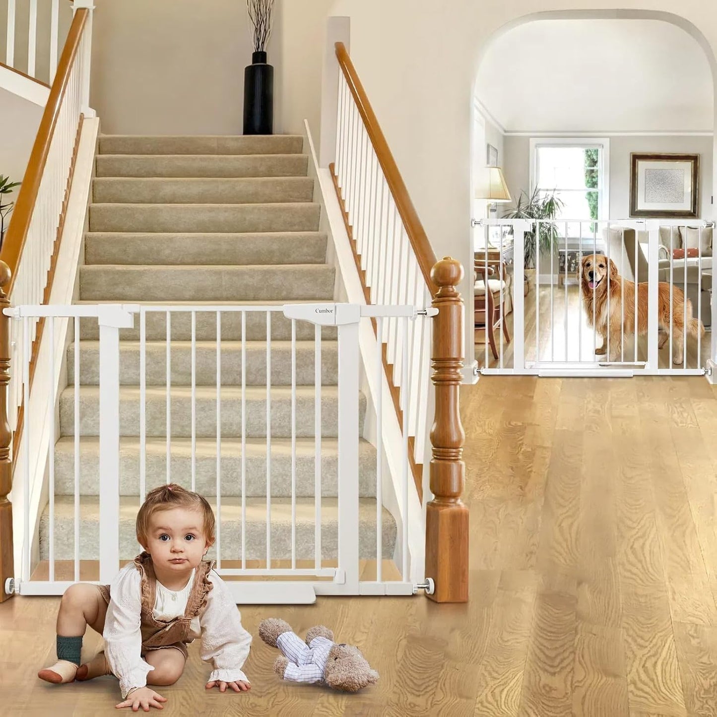 Cumbor 2 Pack 29.7-46" Baby Gate for Stairs, Mom's Choice Awards Winner-Auto Close Dog Gate for doorways, Easy Install Pressure Mounted Pet Gates indoor, Easy Walk Thru Wide Safety Gate for Dog, White