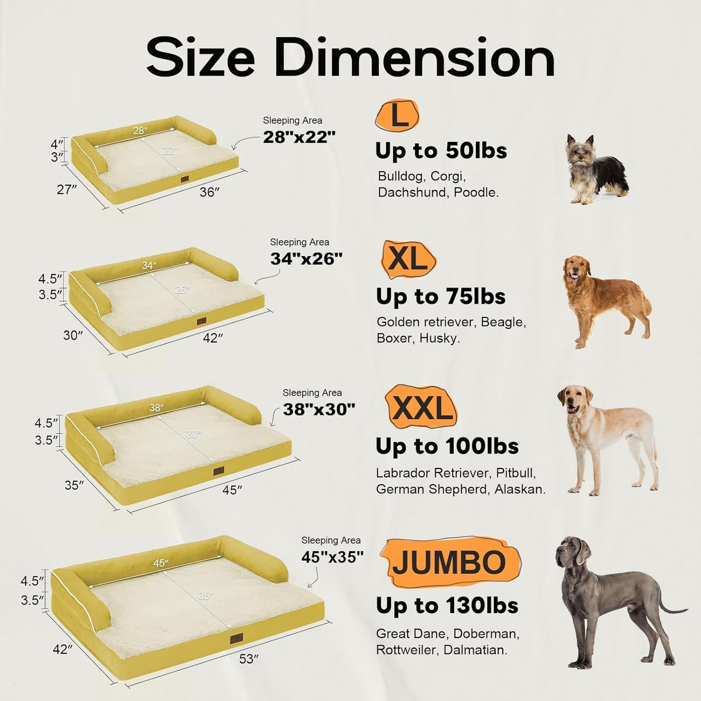 Large Dog Bed Orthopedic Washable - Couch Sofa - XL Large Big Dogs - Beds Bolster Pet - Memory Foam - Waterproof with Removable Cover - Ginger Yellow Dog Bed