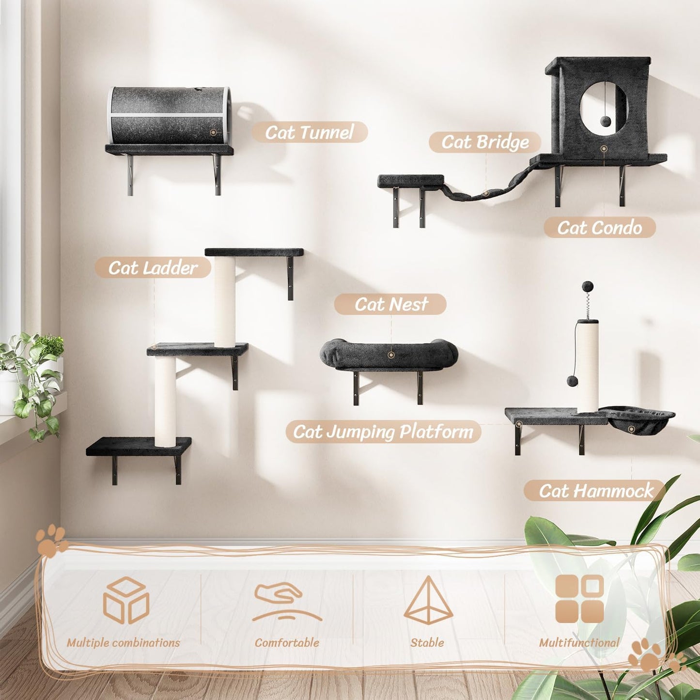 NUNU LAB 7-in-1 Wall Mounted Cat Climber Set, Cat Wall Furniture Set with House, Bridge, Steps, Scratcher Post, DIY Playground, Cat Wall Shelves - Dark Gray