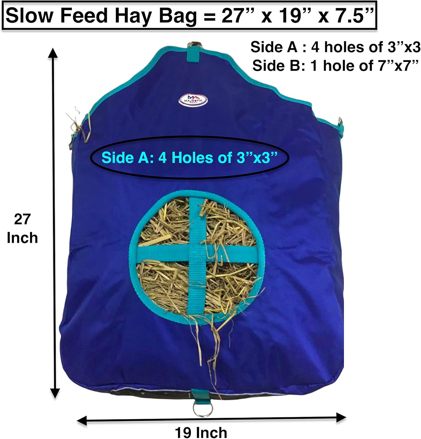Majestic Ally Nylon Hay Feeder Tote Bag for Horse, Goat, Sheep - Double Sides Open Feed Hole with Faux Leather Ventilated Bottom- Premium Quality -Simulates Grazing - Reduces Waste (Royal Blue)